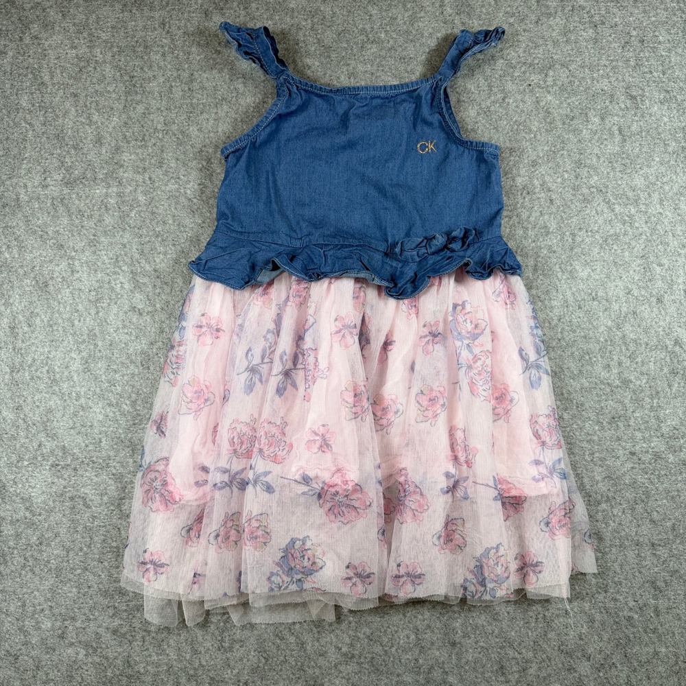 Calvin Klein Girls Denim Floral Tulle Tutu Dress Size 6 Blue Pink Ruffle Straps
